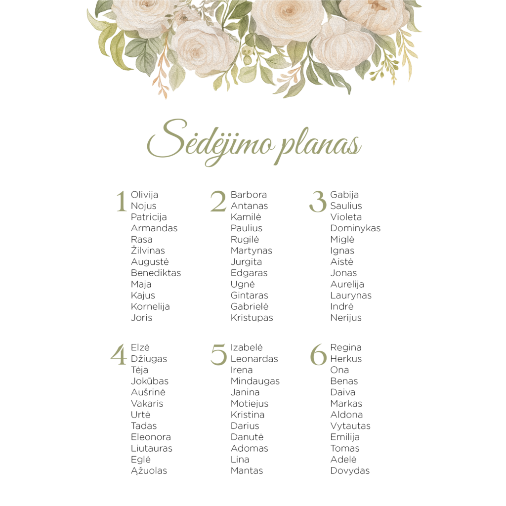 Sėdėjimo planas su baltomis rožėmis šešiems apvaliems stalams vestuvėms, gimtadieniui, krikštynoms.