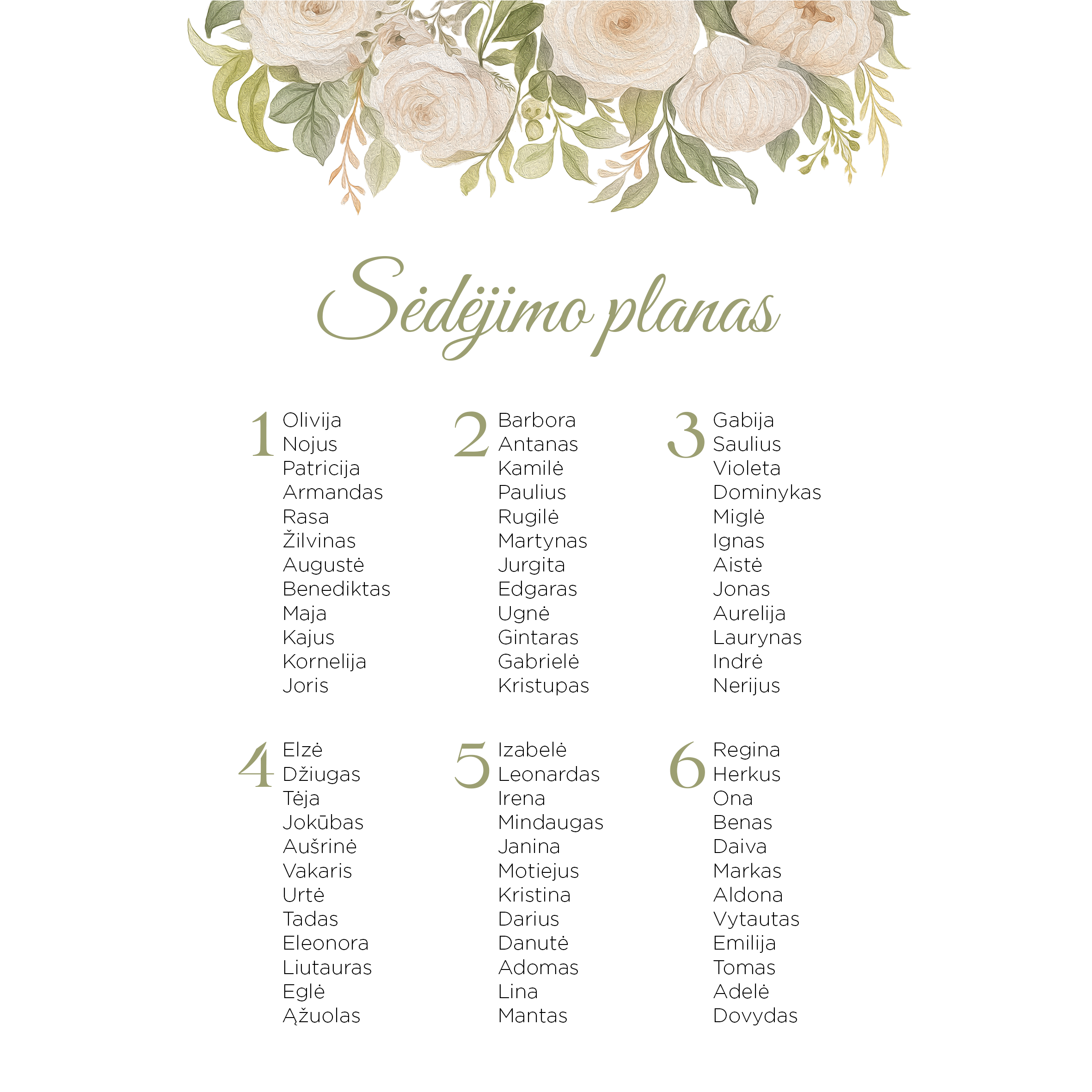 Sėdėjimo planas su baltomis rožėmis