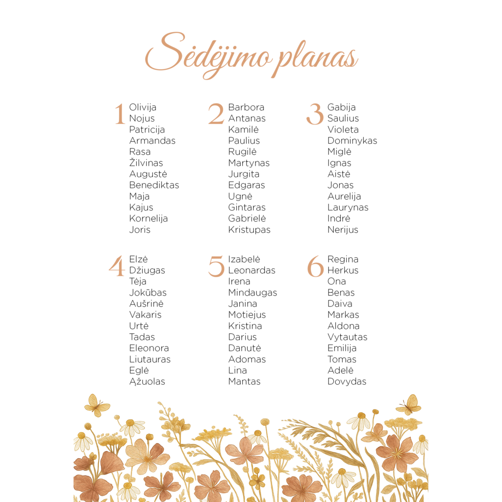 Sėdėjimo planas su boho gėlytėmis šešiems apvaliems stalams