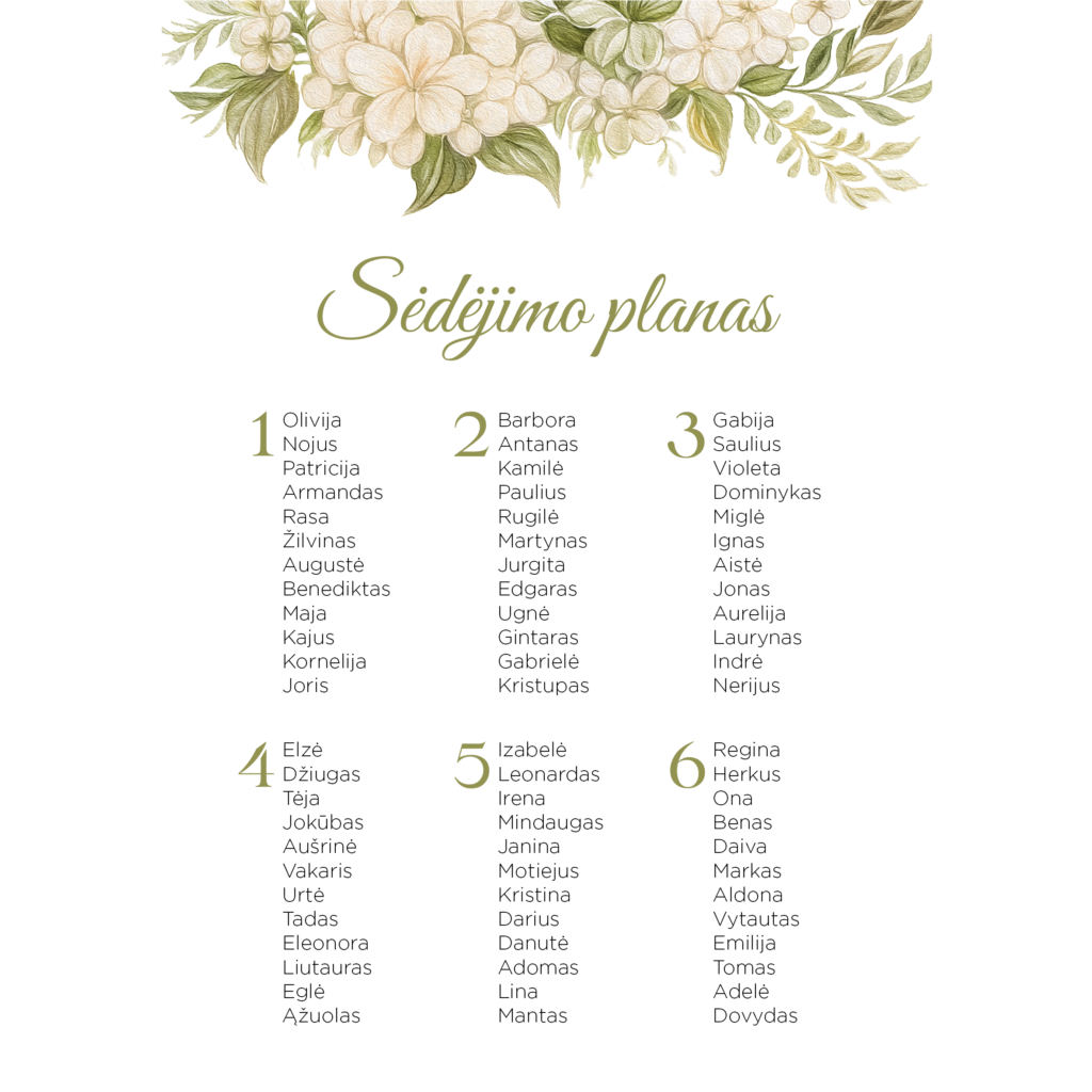 Sėdėjimo planas su hortenzijomis šešiems apvaliems stalams vestuvėms, gimtadieniui, krikštynoms.