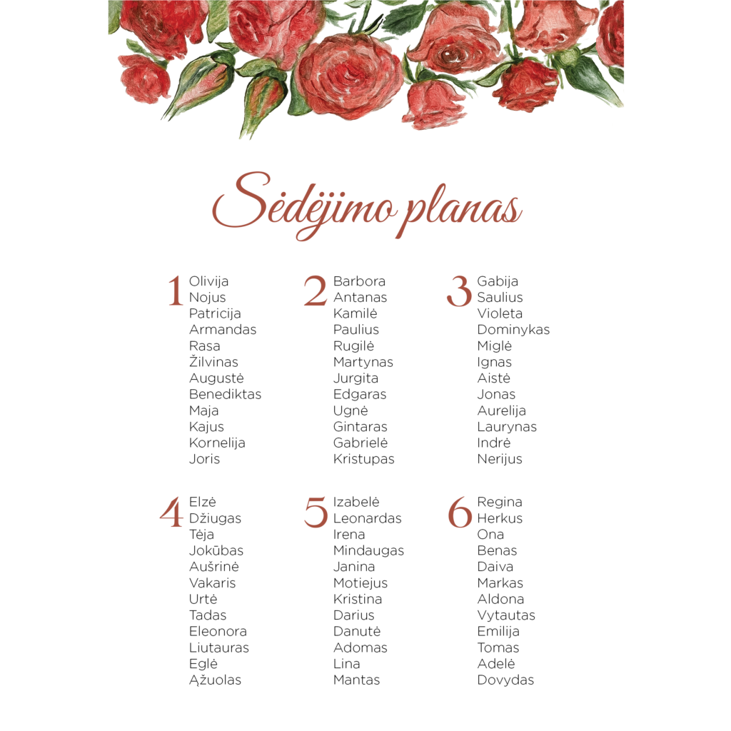 Sėdėjimo planas su raudonomis rožėmis šešiems apvaliems stalams