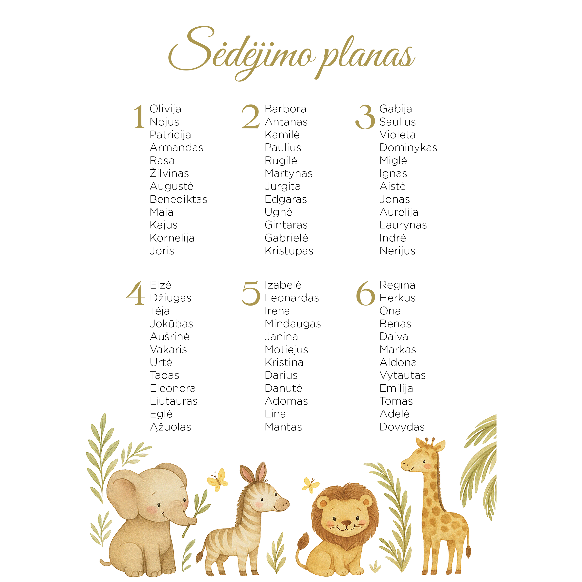 Sėdėjimo planas su safari gyvūnais