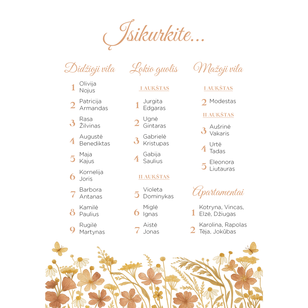 Nakvynės planas su boho gėlytėmis vestuvėms, gimtadieniui, krikštynoms.