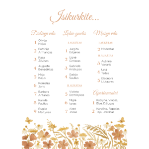 Nakvynės planas su boho gėlytėmis vestuvėms, gimtadieniui, krikštynoms.
