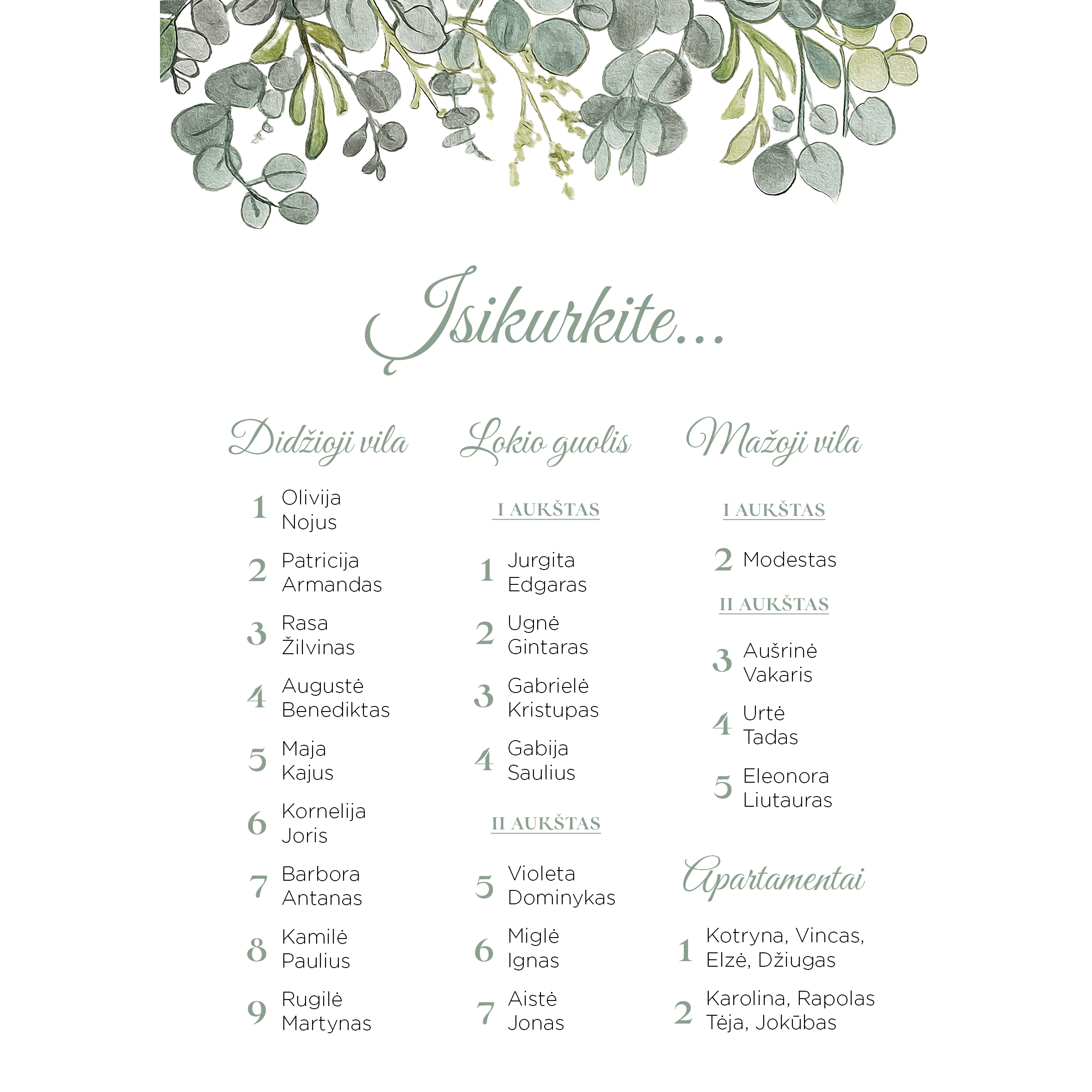 Nakvynės planas su eukaliptais