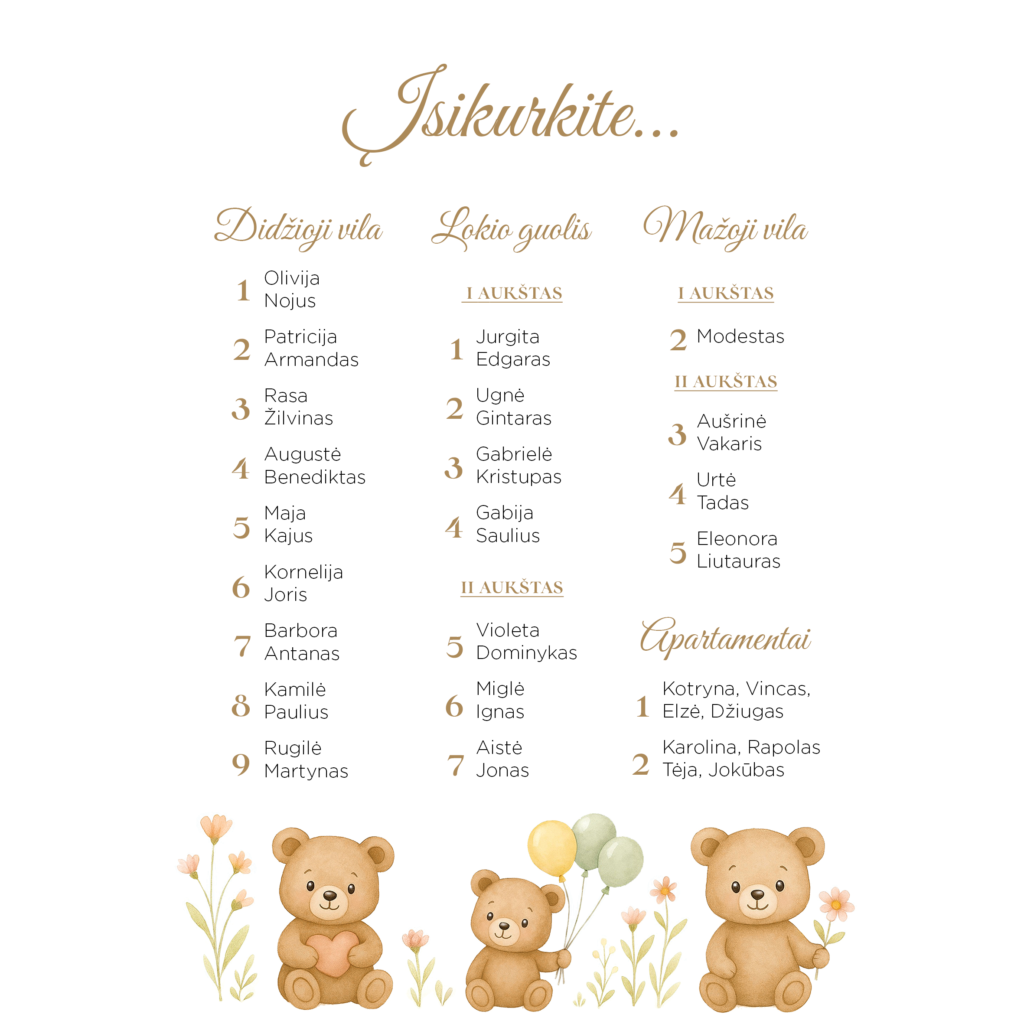 Nakvynės planas su meškiukais krikštynoms ar vaiko gimtadieniui.