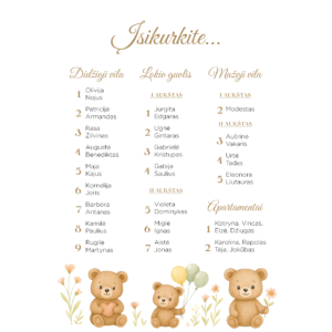 Nakvynės planas su meškiukais krikštynoms ar vaiko gimtadieniui.