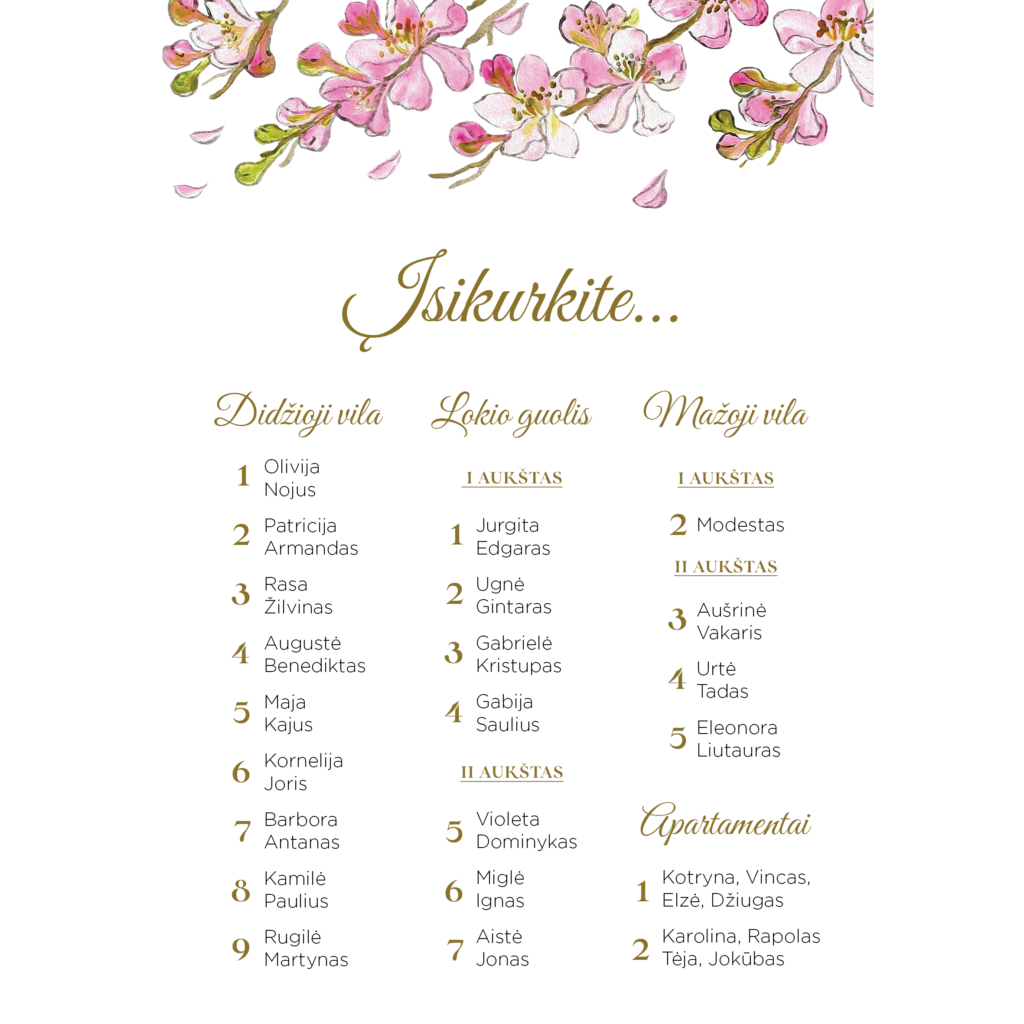 Nakvynės planas su obels žiedais vestuvėms, gimtadieniui, krikštynoms.