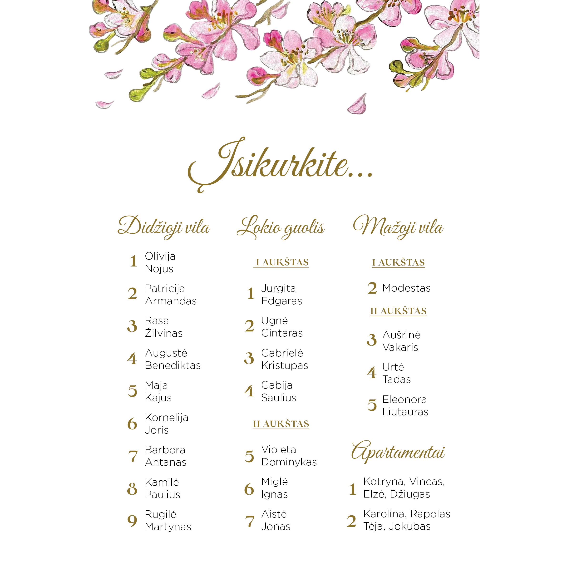 Nakvynės planas su obels žiedais