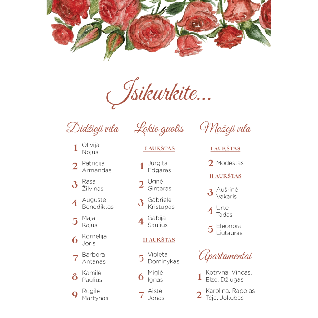 Nakvynės planas su raudonomis rožėmis vestuvėms, gimtadieniui, krikštynoms.