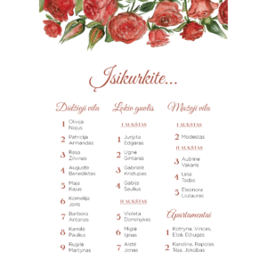 Nakvynės planas su raudonomis rožėmis vestuvėms, gimtadieniui, krikštynoms.